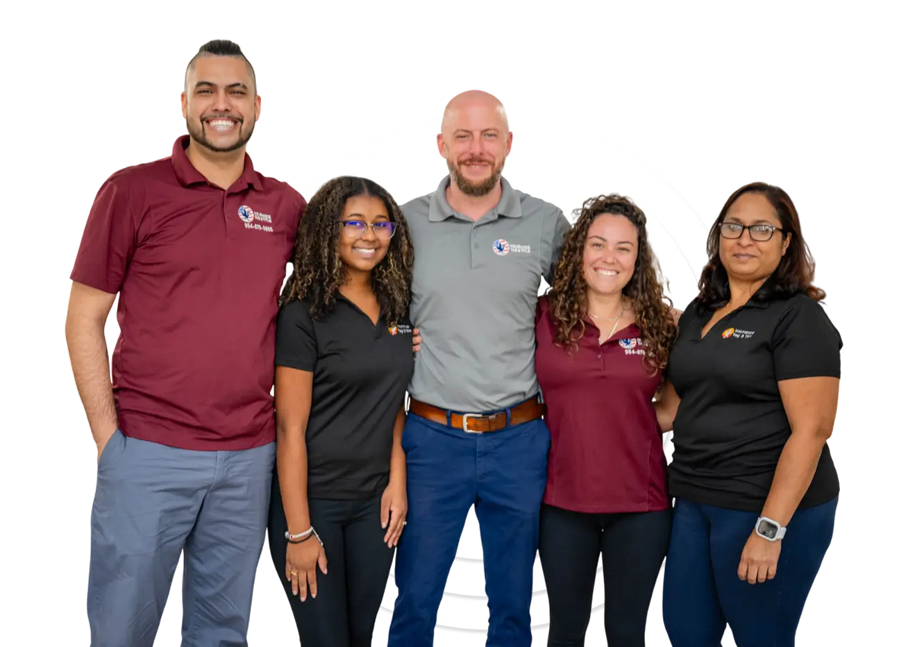 Group of five professionals posing together